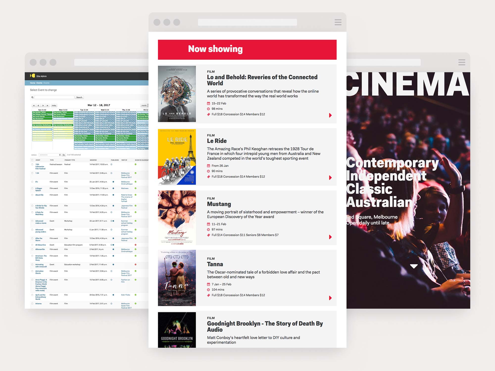 Screenshot of ACMI event calendar CMS and Cinema homepage